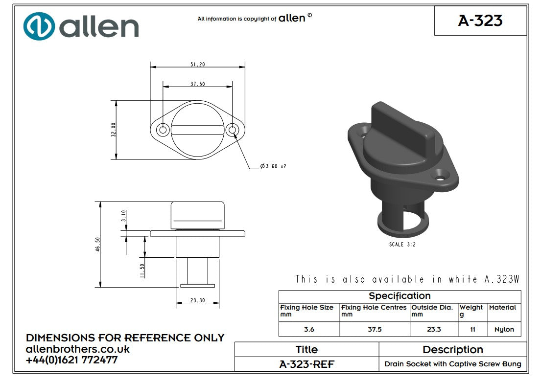 Allen Drain Bung with Socket White a.323 Each