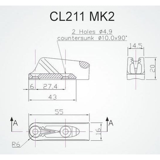 Clamcleat CL211 MK2 AN/S2 with Becket Hard Anodozed  3- 6mm Rope