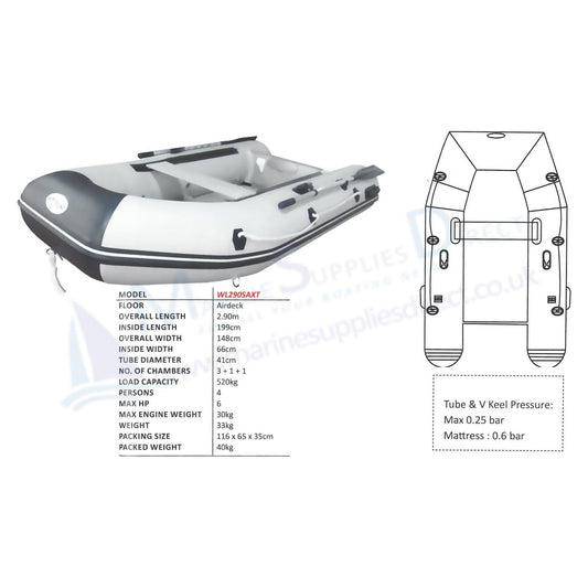 Waveline 2.9m Airdeck Inflatable Dinghy Tender V Keel Solid Transom