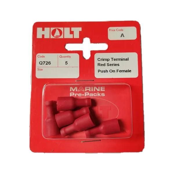 The Holt Q726 female push on crimp terminal provides a safe and secure electrical connection for marine applications.