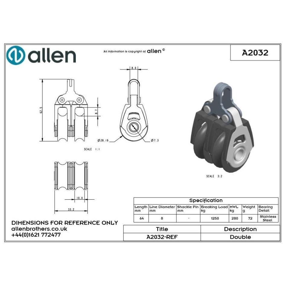 30mm Double Dynamic Block By Allen for ropes 6 - 10mm