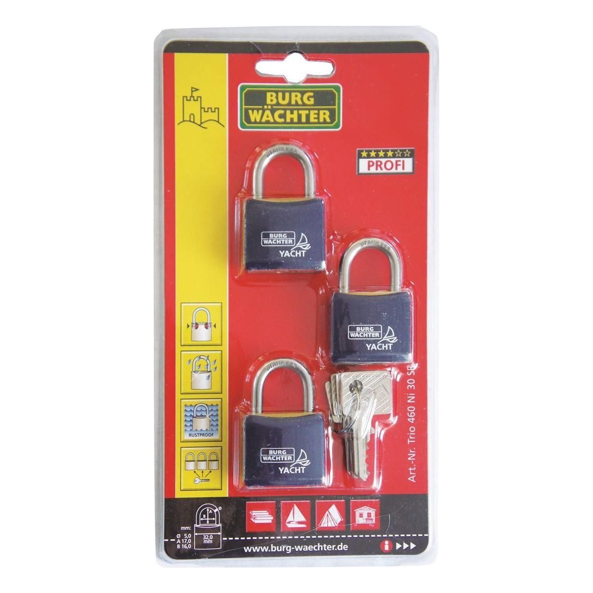 Burg Wachter 30mm Padlock 3-Pack Rust Proof (keyed alike)