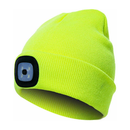 Hi Vis Neon Knitted Beanie Hat With LED Light Head Torch