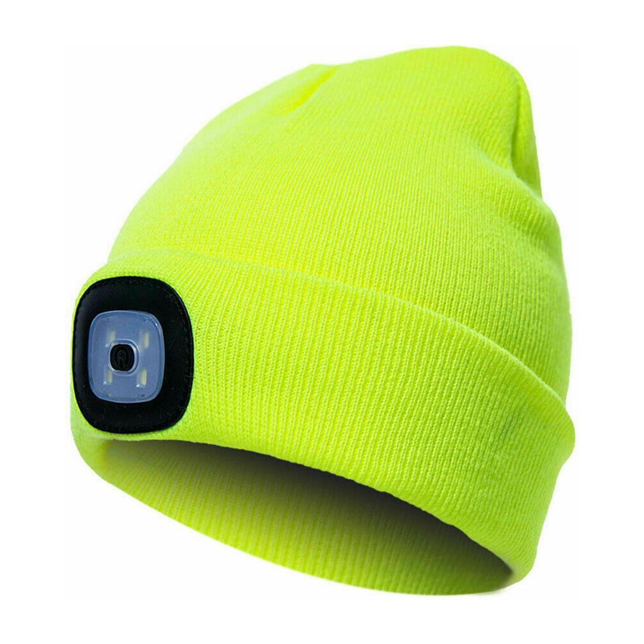 Hi Vis Neon Knitted Beanie Hat With LED Light Head Torch