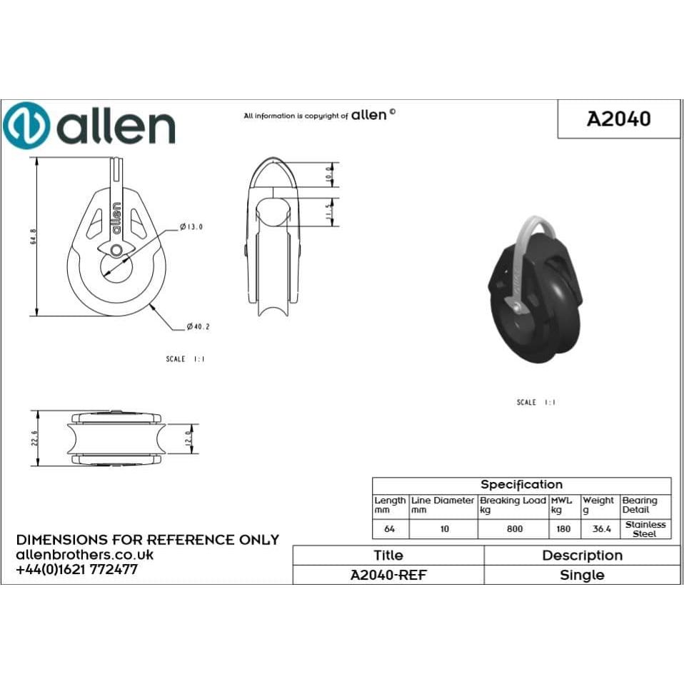 Allen 40mm Single Fixed Block 10mm Rope Max