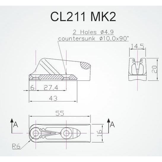 Clamcleat CL211 MK2 AN/S2 with Becket Hard Anodozed  3- 6mm Rope