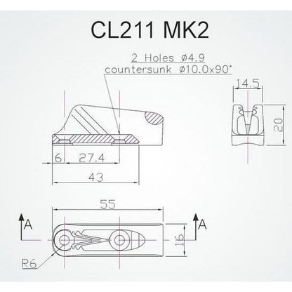 Clamcleat CL211 MK2 AN/S2 with Becket Hard Anodozed  3- 6mm Rope