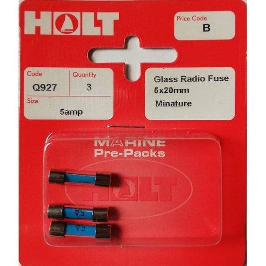 Pack of three Holt Q927 5 amp glass fuses. Holt fuses can be used in a variety of applications such as marine or automotive.